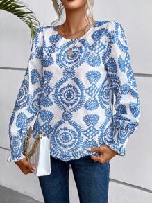 SHEIN LUNE Allover Print Flare Sleeve Blouse - White - View 6