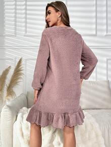 Butterfly Embroidery Ruffle Hem Flannel Lounge Dress - Brown - View 2