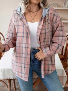 Calvaya Plus Plaid Print Drop Shoulder Drawstring Hooded Shirt - Multicolor - View 3