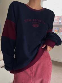 DAZY 字母圖案撞色拼接落肩運動衫 - 藏蓝色 - 查看 1