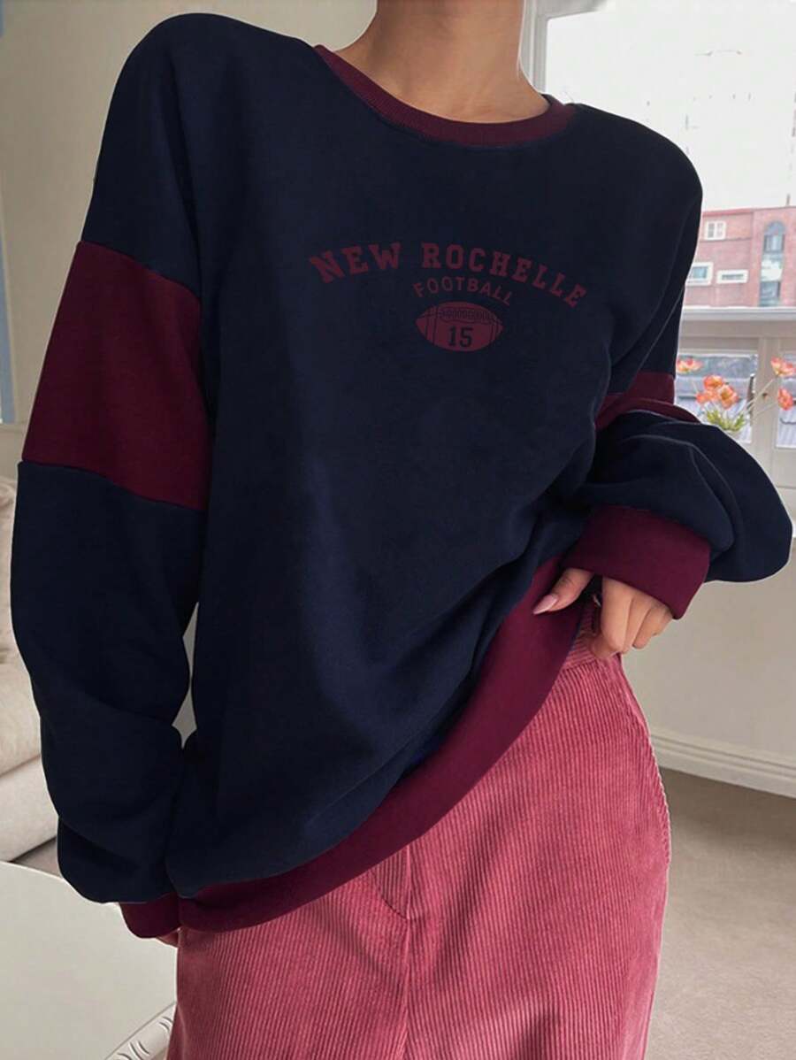 DAZY 字母圖案撞色拼接落肩運動衫 - 藏蓝色 - 查看 1