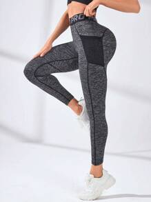 SHEIN Sports 字母圖案寬腰帶網紗拼接拼接手機口袋頂針運動打底褲帶手機袋 - 深灰色 - 查看 5