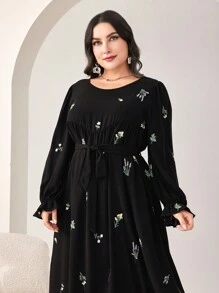 Al Najma 大碼印花荷葉袖繫腰帶洋裝 - 黑色 - 查看 3