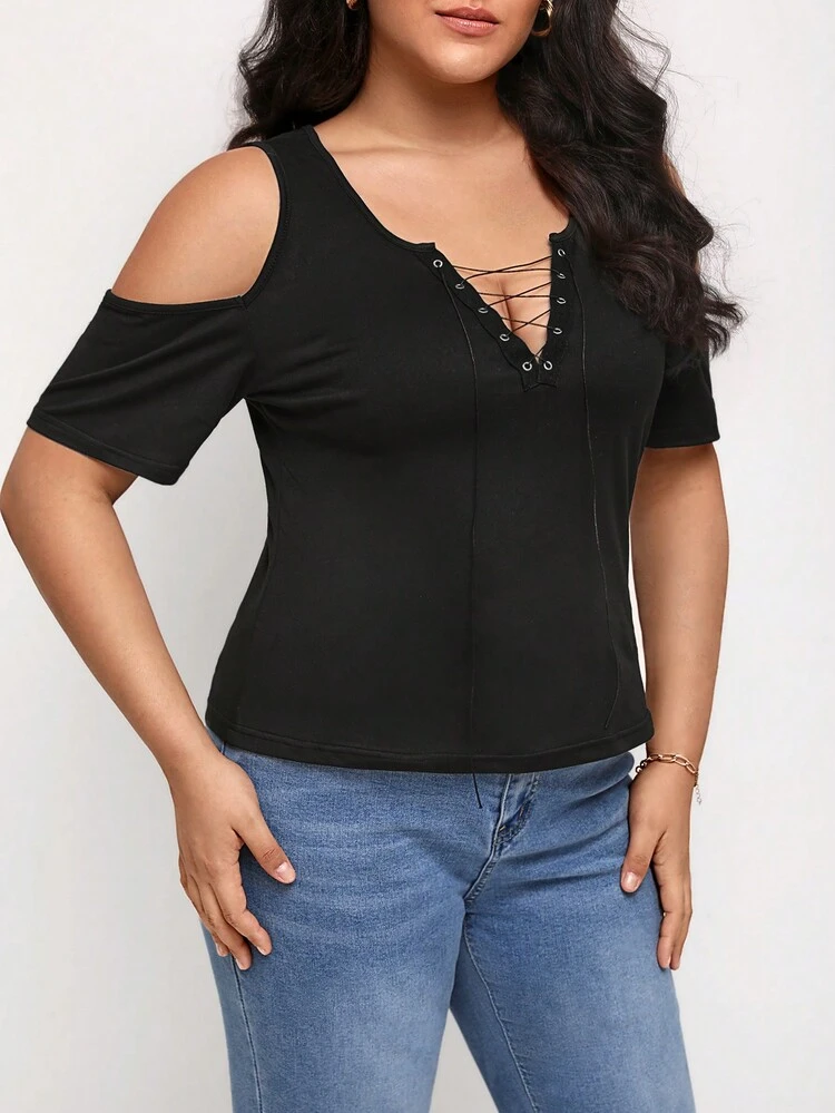 Plus Chain Detail Cold Shoulder Tee