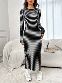 SHEIN EZwear Striped Print Split Thigh Dress - Black and White - View 3