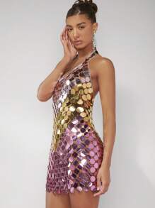 SHEIN BAE 亮片裝飾繞頸露背緊身洋裝 - 彩色 - 查看 6