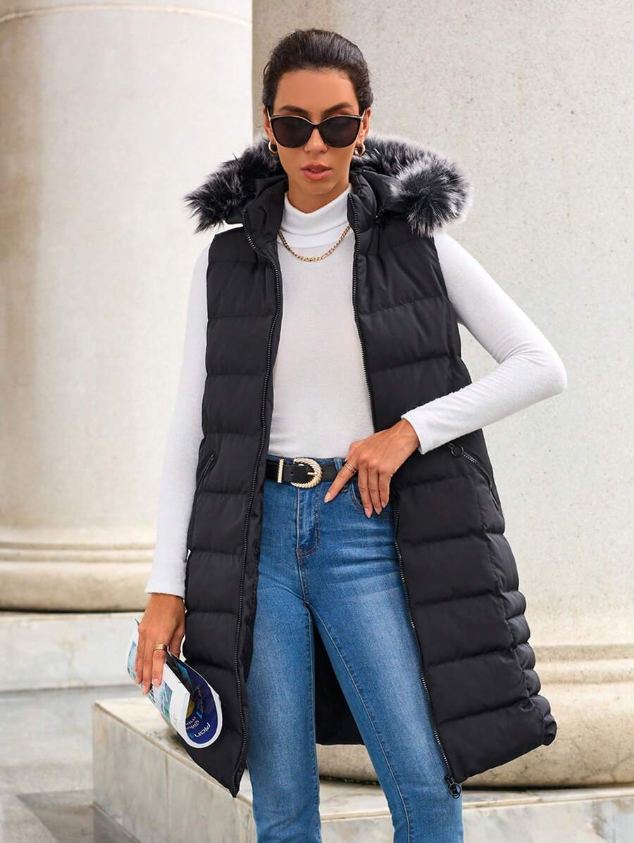 EURMUSE Fuzzy Trim Hooded Puffer Vest Coat - Black - View 1