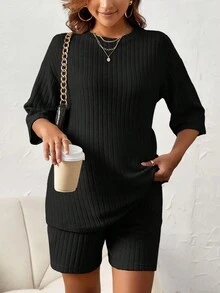 SHEIN Maternity Solid Drop Shoulder Tee & Adjustable Waist Shorts - Black - View 4