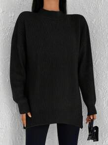 Cloudara Jersey de cuello alto de hombros caídos - Negro - Ver 3