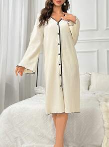 Contrast Binding Button Front Pajama Nightdress - Apricot - View 1