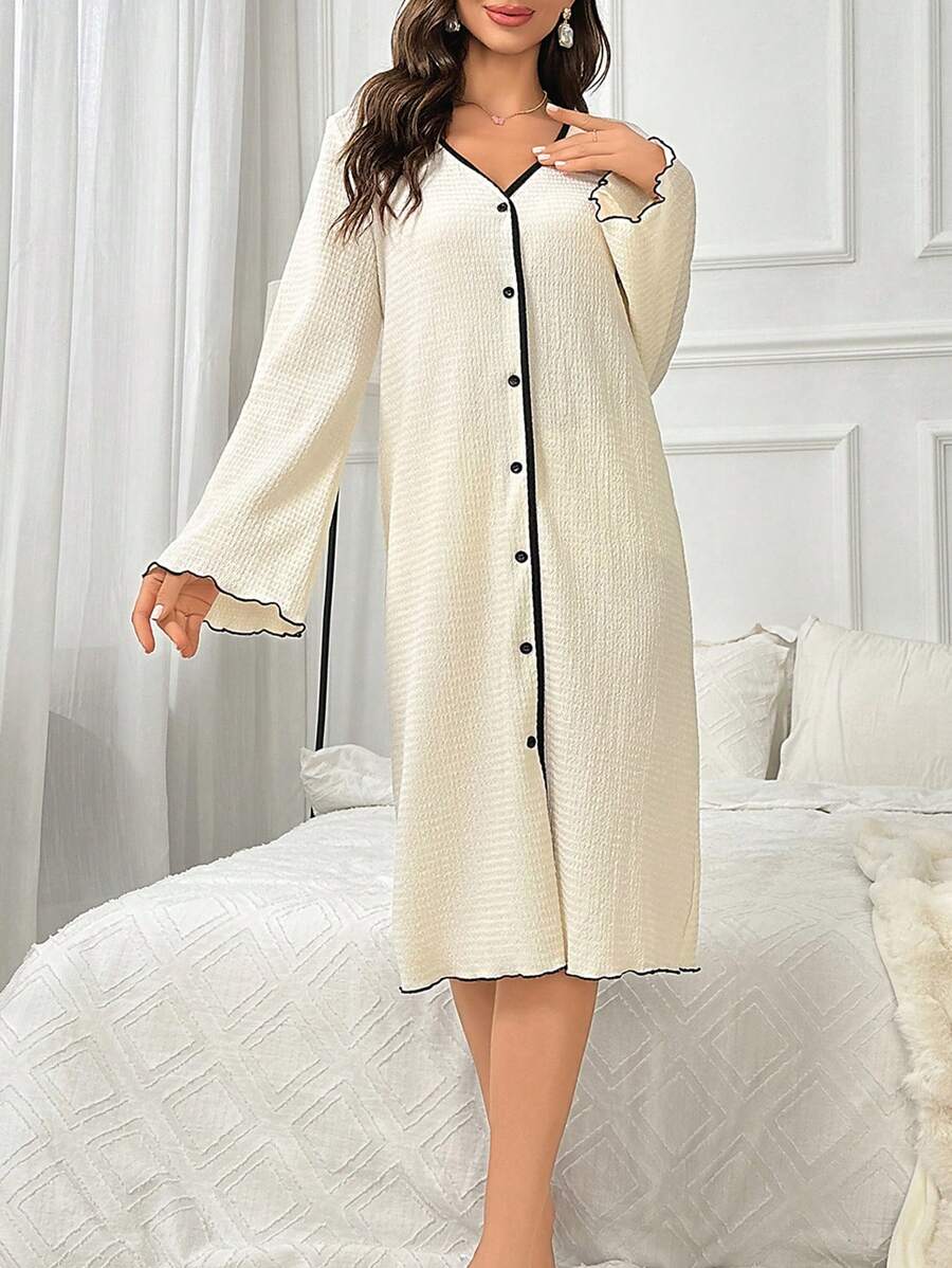 Contrast Binding Button Front Pajama Nightdress - Apricot - View 1