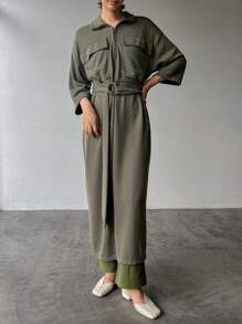 FRIFUL Váy sơ mi thắt lưng có túi thả vai - màu xanh lá - Xem 6