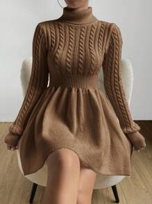 Firerie Turtleneck Cable Knit Sweater Dress In Fall/Winter - Coffee Brown - View 6