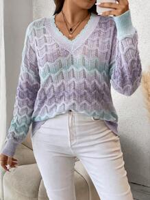 SHEIN Franclia Plus Ombre Drop Shoulder Pointelle Knit Sweater - Multicolor - View 3