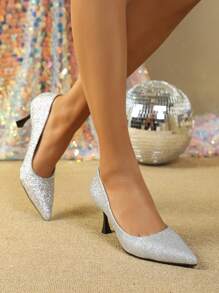 Elegantes zapatos plateados de tacón alto para mujer, adecuados para fiestas. - Plateado - Ver 3