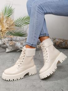 1.秋冬毛领保暖防滑靴女厚底休闲百搭踝靴系带蓬松内衬女靴时尚加厚雪地靴 - 白色 - 查看 1