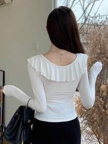 DAZY 素色荷葉邊修身T恤 - 白色 - 查看 2