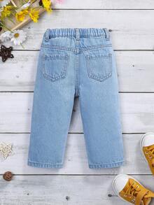 女孩嬰兒印花直筒牛仔褲 - 淺色水洗藍 - 查看 2