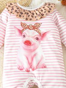 女嬰條紋圖案和動物印花荷葉邊連身褲