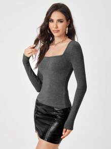 SHEIN EZwear 方領修身T恤 - 深灰色 - 查看 5