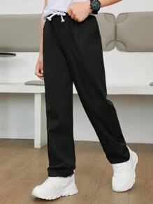 SHEIN Tween Boy Drawstring Waist Straight Leg Pants - Black - View 5
