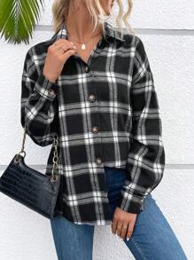 SHEIN Essnce 格子印花落肩襯衫 - 黑與白 - 查看 4