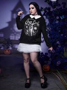 Corpse Bride | ROMWE Talla grande Sudadera con estampado de letra y figura de cuello en contraste de hombros caídos - Negro - Ver 6