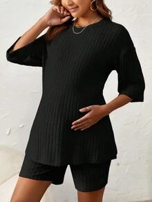 SHEIN Maternity Solid Drop Shoulder Tee & Adjustable Waist Shorts - Black - View 3