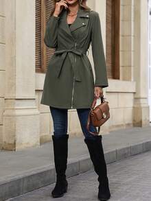 SHEIN Essnce Zip Up Belted Trench Coat - Army Green - View 6