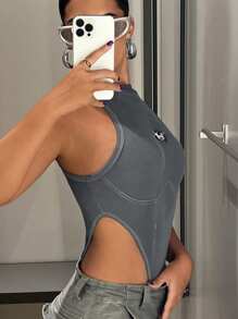 SHEIN ICON Letter Patched Detail Mock Neck High Cut Tank Summer Bodysuit - Grey - View 5