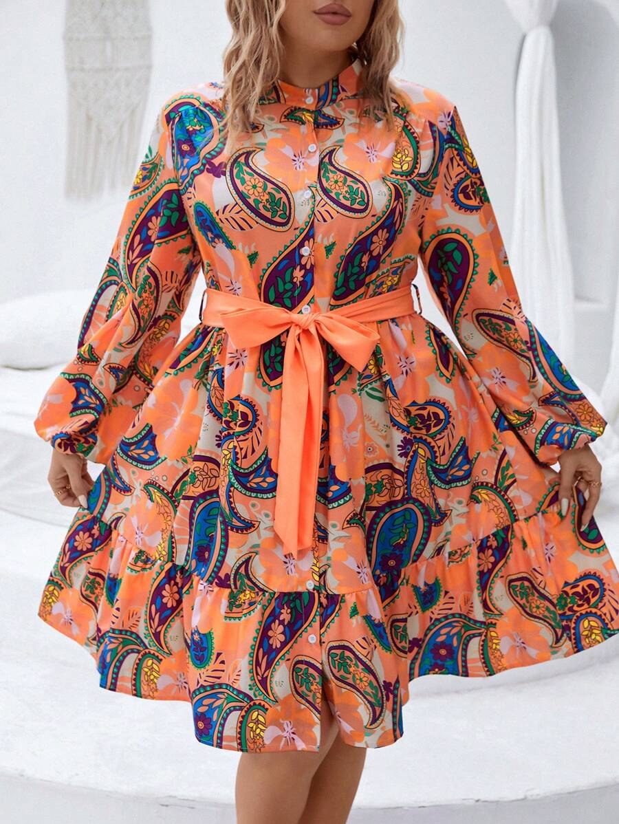 SHEIN Clasi Plus Paisley Print Lantern Sleeve Ruffle Hem Belted Dress Fall Cloth For Women - Orange - View 1