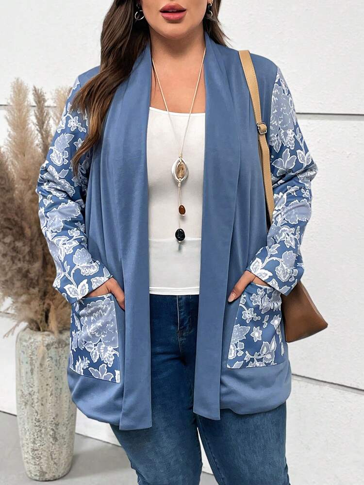 Plus Floral Print Open Front Coat