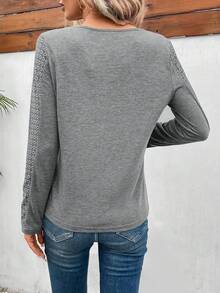 SHEIN Frenchy Solid Eyelet Embroidery Tee - Grey - View 2