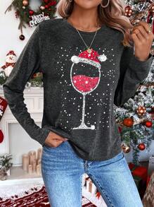EMERY ROSE Christmas Print Tee Graphic Tees Women Tops - Dark Grey - View 4