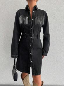 RueChic Fringe Trim Button Front Denim Dress - Black - View 5