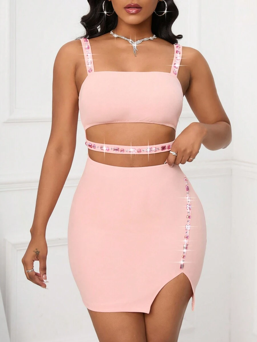 SHEIN Slayr Letter Graphic Cut Out Split Hem Cami Dress - Pink - View 1