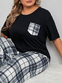 Camiseta de pijama holgada con bolsillo estampado a cuadros para talla grande