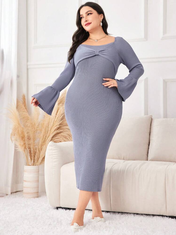 Modelyn 大碼素色荷葉袖緊身毛衣洋裝 - 藍色 - 查看 4