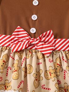 SHEIN Young Girl Christmas Print Bow Front Dress - Multicolor - View 4