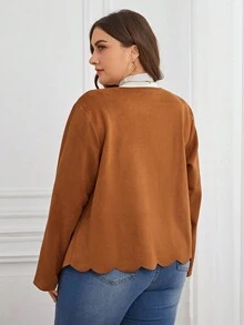 SHEIN LUNE Plus Scallop Trim Open Front Jacket - Brown - View 2