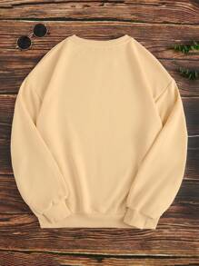 SHEIN LUNE 大码休闲简约卡通印花女式运动衫，适合秋冬季 - 卡其色 - 查看 4