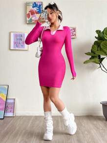 SHEIN EZwear Váy bodycon cổ tương phản - Hồng - Xem 4