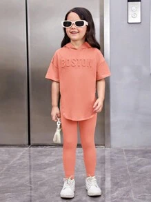 SHEIN 年輕女孩字母壓花落肩連帽 T 恤和打底褲 - 彩色 - 查看 4