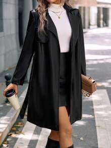 SHEIN Clasi Áo khoác da PU cổ có thắt lưng - màu đen - Xem 6