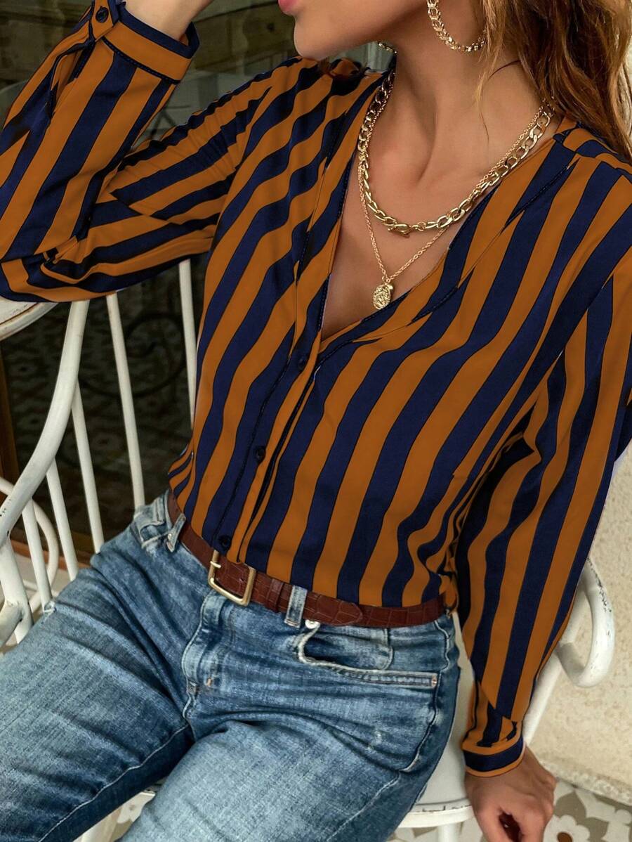 EMERY ROSE 条纹印花纽扣前开襟女式衬衫 - 彩色 - 查看 1