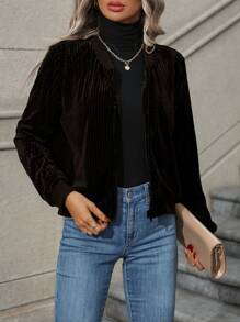 SHEIN LUNE Zip Up Velvet Bomber Jacket - Coffee Brown - View 6