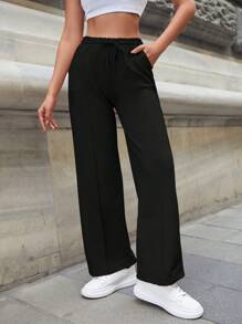 Solid Drawstring Waist Wide Leg Sweatpants - Black - View 3