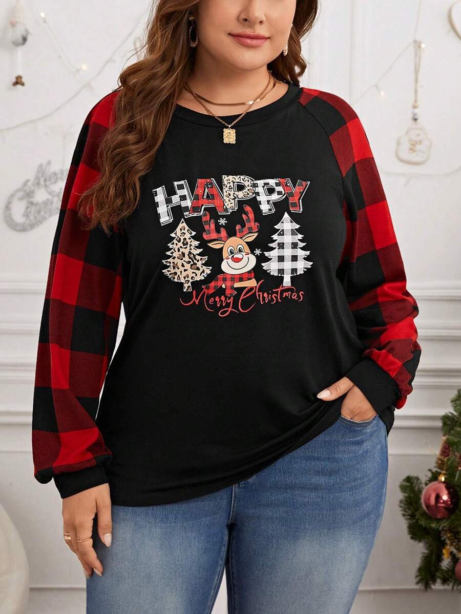 SHEIN LUNE Plus T-shirt Imprimé Noël Manches Raglan