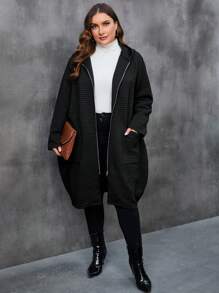 SHEIN LUNE Plus Dual Pocket Zip Up Hooded Coat - Black - View 5