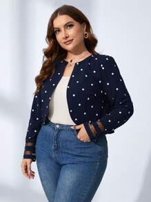 SHEIN Clasi Plus Polka Dot Print Mesh Insert Open Front Jacket - Navy Blue - View 4